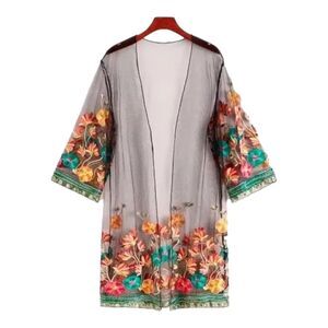 SHEIN Appliqués Mesh Floral Embroidery Kimono 1XL